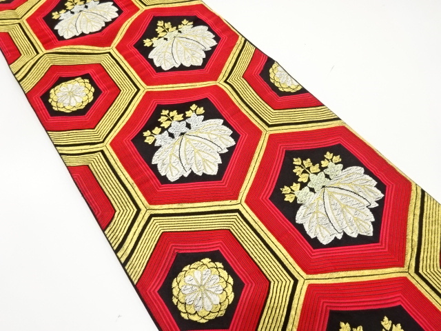 JAPANESE KIMONO / ANTIQUE FUKURO OBI / SILK / WOVEN KIKU & PAULOWNIA